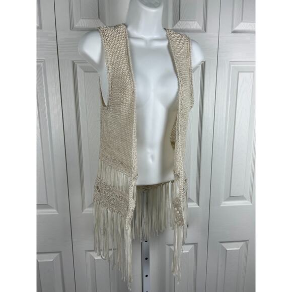 FANG Crochet Fringe Vest Boho Festival Hippie Beige Open Knit Sleeveless Top - Picture 6 of 6